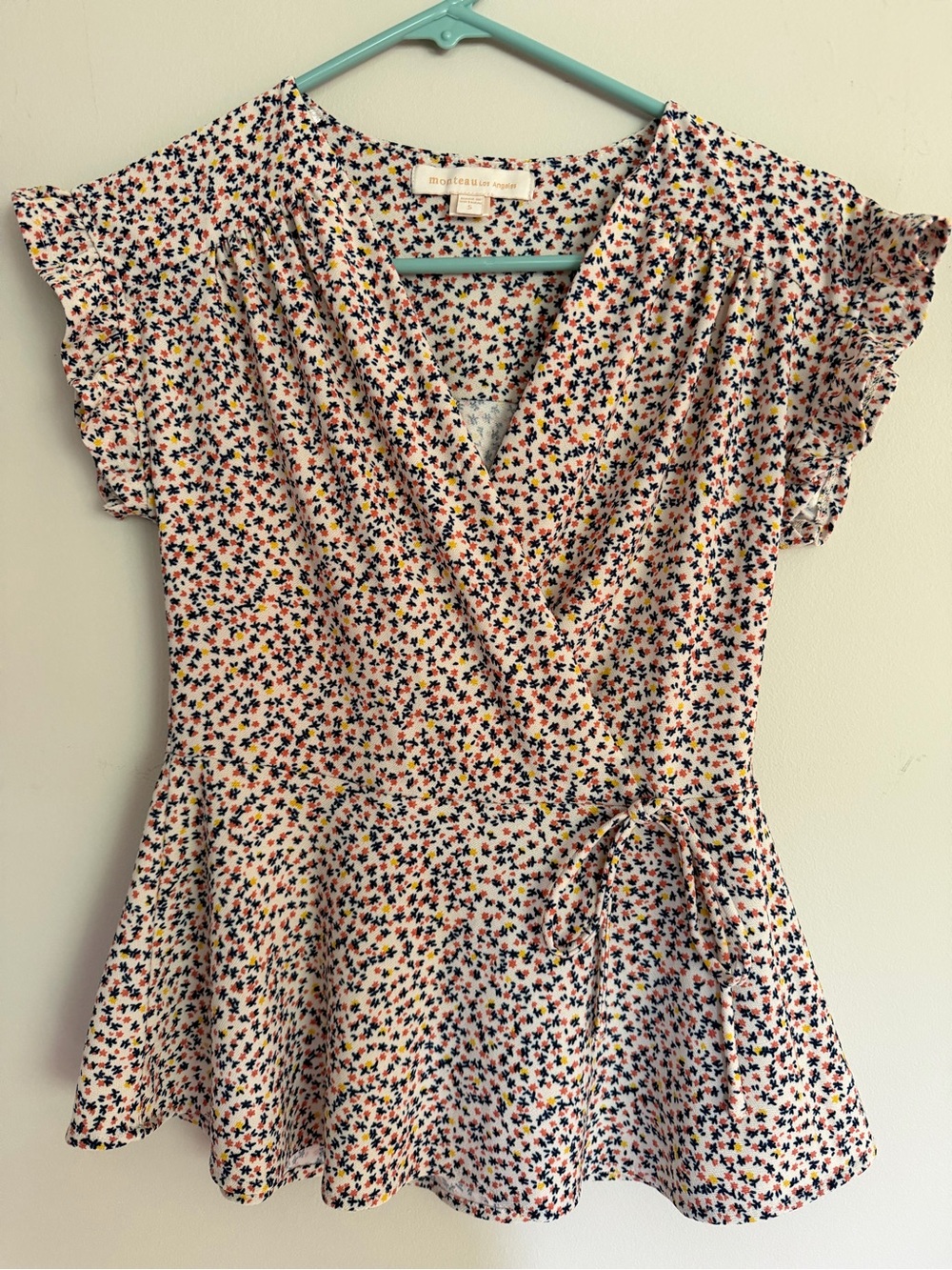Monteau Floral Faux Wrap Peplum Top S Small